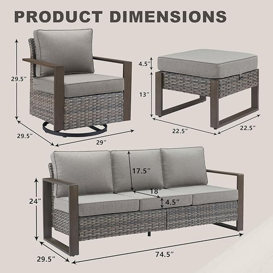 Rilyson Outdoor Wicker Patio Furniture Set - 7 Piece Patio Conversation Set with 4 Wicker Swivel Rocker Chairs,2 Rattan Ottoman and 1 Couch,Thick Cushions,Deep Seating,Wide Armrest(Mixed Grey/Grey)