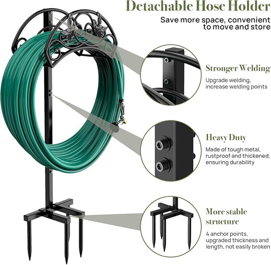 Winpull Garden Hose Holder Detachable, Heavy Duty Metal Water Hose Hanger Freestanding Hose Organizer Hose Holders for Outside (Black)