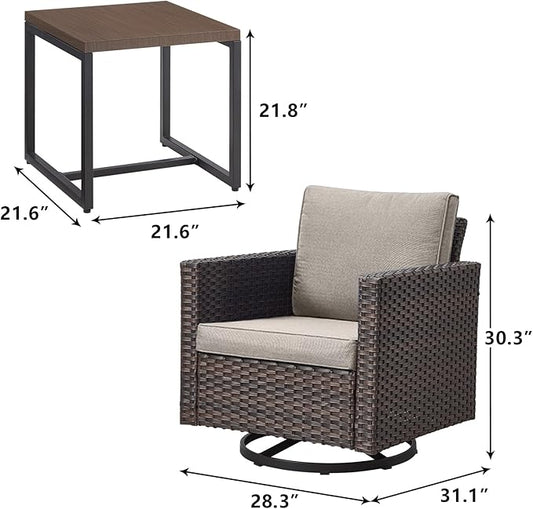 Rilyson Outdoor Patio Swivel Rocker Chairs - 3 Piece Wicker Patio Furniture Bistro Swivel Rocking Chairs Set with Comfortable Cushions,Sturdy Metal Frame and Side Table for Porch Deck(Brown/Grey)