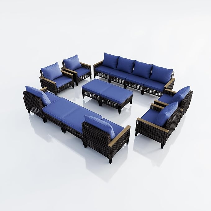 14-Piece Outdoor Patio Furniture Set, Wicker Conversation Set with Armchairs and Ottomans, Rattan Sectional Modular Sofa Couches for Porch, Poolside, Deck, Balcony, Backyard, Yard (Blue Cushions)