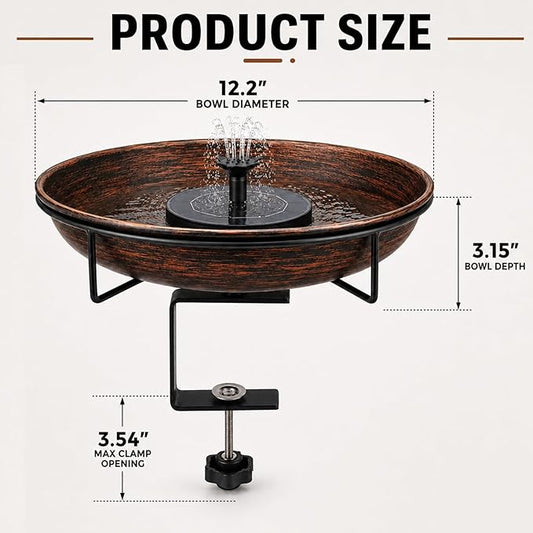 Deck Mounted Bird Bath with Solar Fountain Heavy Duty Metal Birdbath Bowl 1.45 Gallon 3.54" Adjustable Railing Clamp All Weather Outdoor Bird Feeder for Patio Fence Balcony Backyard