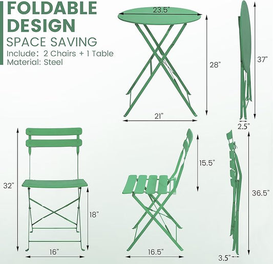 Kromax Outdoor 3 Piece Patio Bistro Set, Folding Bistro Table and Chairs Set of 2, Space Saving, Foldable Coffee Tables for Balcony or Garden, Green