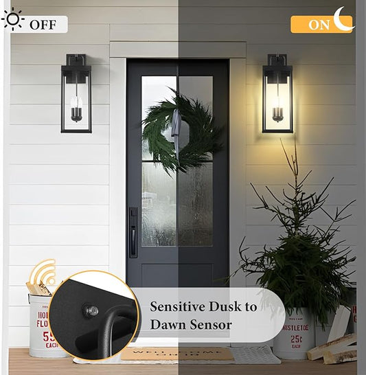 Dusk to Dawn Outdoor Wall Sconce Light, 24 Inch Tall Transitional Exterior Wall Lighting with Clear Glass, Anti-Rust Powder Coat Black Modern Outside Wall Lantern for Front Porch, DDRZ008L BK