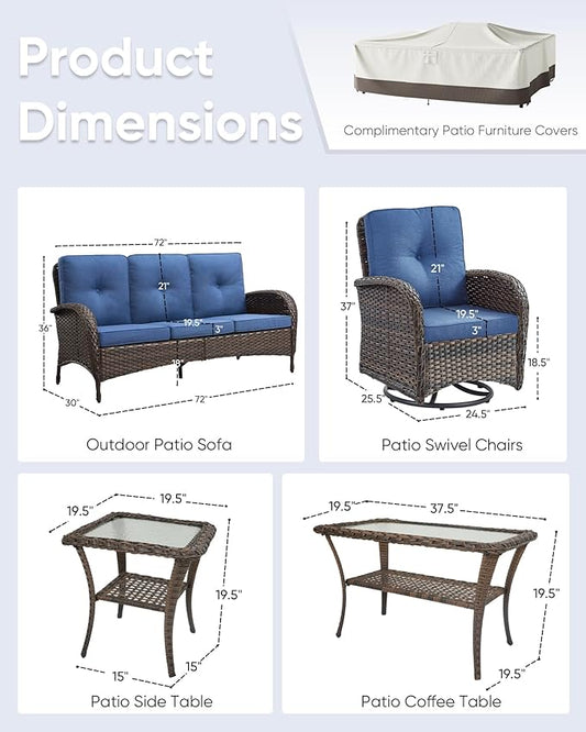 5 Pieces Wicker Patio Furniture Set-Outdoor Swivel Rocker Patio Chairs Patio Sofa Set with Tempered Glass Top Outdoor Coffee Table for Deck Lawn Porch Balcony Poolside-Brown/Blue
