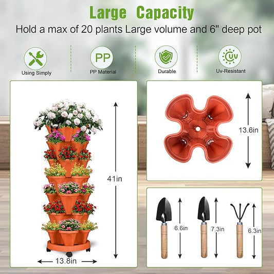 Vertical Strawberry Planter 7 Tier Stackable Tower Herb Planters Stacking Outdoor Garden Red Planters Pot with Tools Mover for Growing Flowers, Vegetables and Succulents