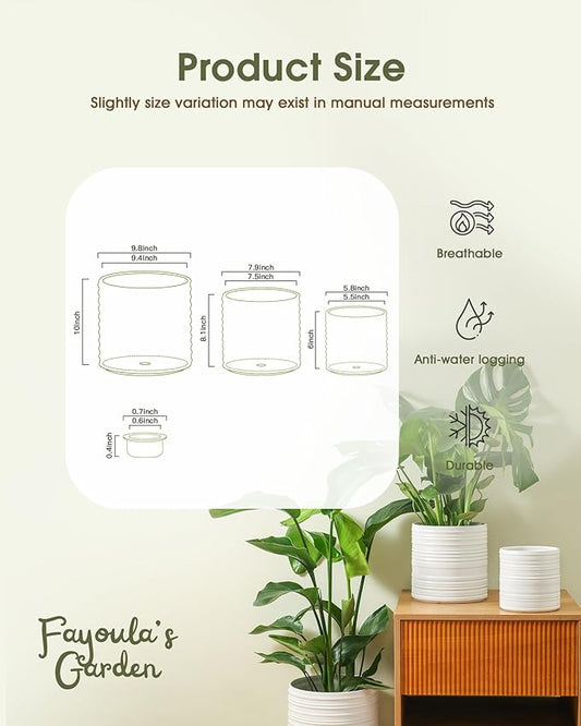 Fayoula Ceramic Planter, 10+8+6 Inch Plant Pots, Modern Striped Indoor/Outdoor Flower Pots for Succulents, Herbs, Home Office & Patio - Includes Mesh Pads & Saucer, Set of 3 