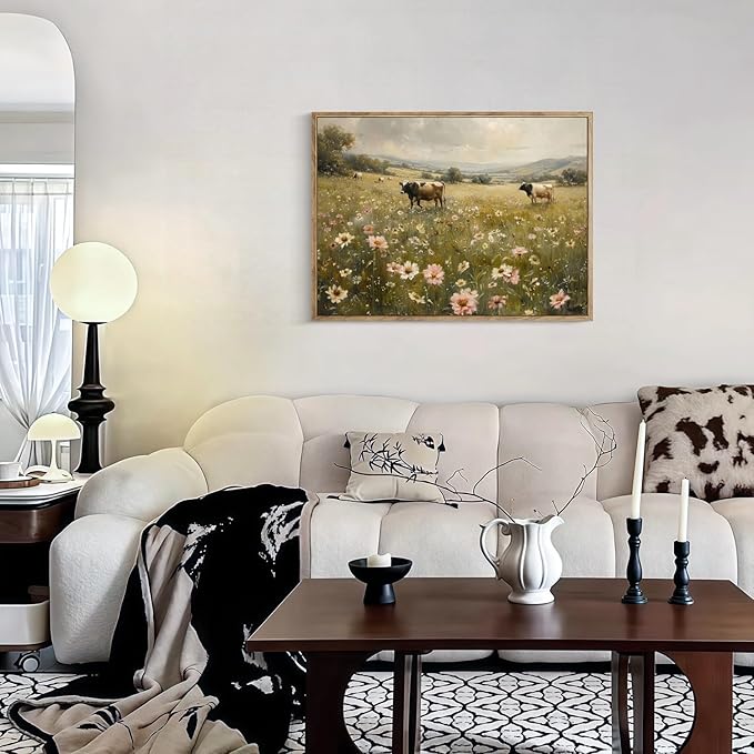 Vintage Canvas Wall Art Cow and Flowers Wall Decor Landscape Countryside Wildflowers Oil Painting Farmhouse Picture Modern Print Rustic Floral Prints for Living Room Bedroom Bathroom 12x16 Inch Framed