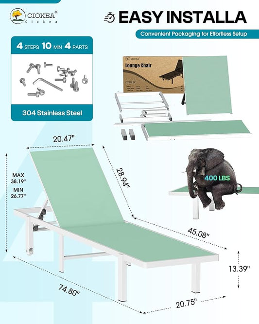 Ciokea Patio Chaise Lounge Chair Set of 2, Outdoor Lounge Chairs with Wheels, 5-Position Adjustable Sun Loungers for Pool, Deck, Beach, Light Green