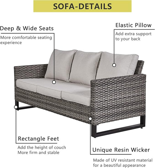 HUMMUH 7 Piece Patio Furniture with Fire Pit 30in 55,000 BTU,PE Wicker Outdoor Conversation Sets - Couch,Patio Chairs and Ottomans,Side Table for Porch,Garden,Backyard