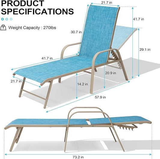 Crestlive Products Chaise Lounge Chair Outdoor with Armrests, Pool Lounge Chairs Set of 4, Aluminum Adjustable 5 Positions Sun Tanning Lounger for Patio, Poolside, Yard, Deck, Backyard (Blue)