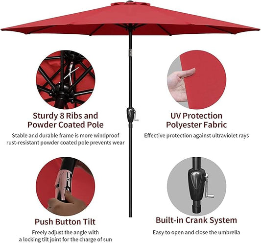 Simple Deluxe LGBRLA9REDBASERV1 9ft Market Table Patio Umbrella with Button Tilt, 8 Sturdy Ribs, 20" Round Water Filled Base Stand Included for Outdoor, Lawn, Garden, Backyard, Pool, Red