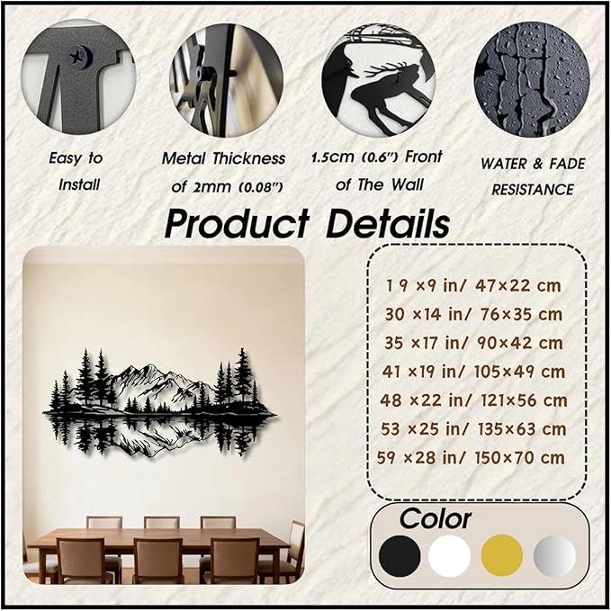 Mountain View Metal Wall Art,Nature Landscape Home Decor with Reflection,Black Iron Sculpture for Bedroom Garden Living Room Outdoor Office(White,48 x22 in/121x56 cm)