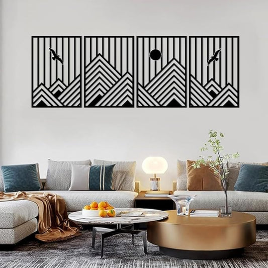 ESTART 4 Pcs Metal Mountain Wall Art, Minimalist Decor Single Line Art Wall Decor, Nature Abstract Line Minimalist Wall Art for Living Room Bedroom Bathroom Study Room (Black)