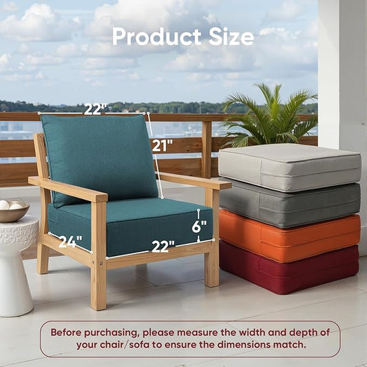 Outdoor Chair Cushion, 6 inch Thick Outdoor Cushions for Patio Furniture, 22x24 Waterproof Patio Chair Cushions, Include 1 Seat Cushion & 1 Back Pillow, Thick/Peacock Green
