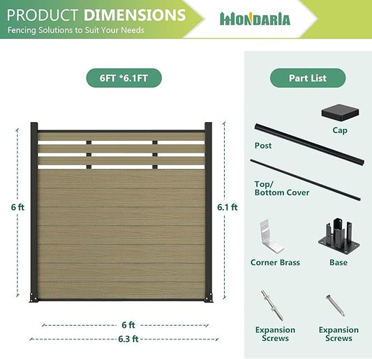 Mondaria Semi-Closed Privacy Fence Panels with 1 Post for Outside, 6ft(W) x 6ft(H), Wind Resistant Wood Plastic Composite Fencing Panels for Patio, Backyard, Garden and Pool, Ancient Wood