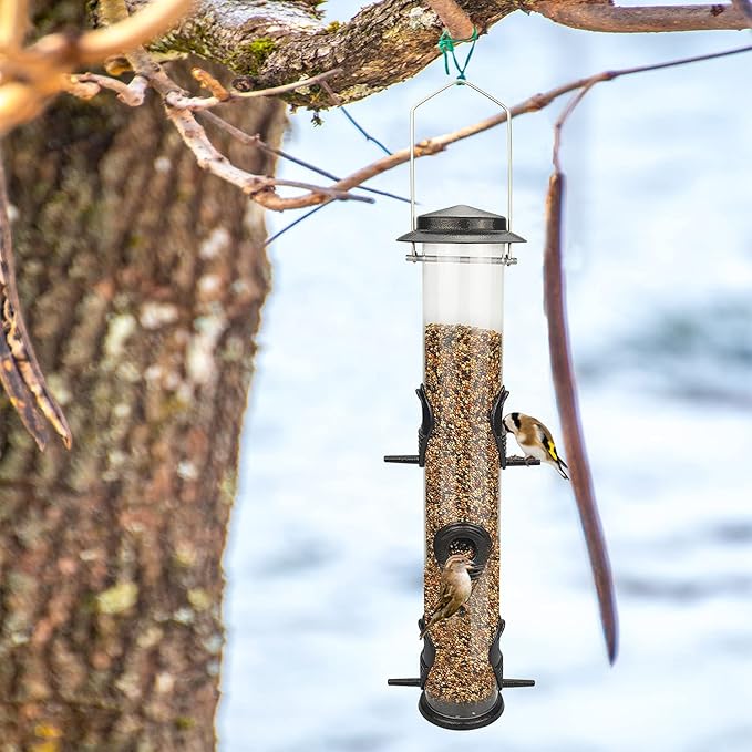 Metal Bird Feeder Tube Hanging Wild Bird Seed Feeder Aluminum Six Port Bird Feeders,1.4 mm Extra Thick Solid Tube Transparent with Steel Hanger Great for Attracting Birds (Coffee 2PK)