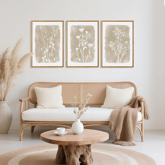 CHDITB Beige Florals Wall Art Set, Framed Boho Flower Wall Decor, Neutral Minimalist Botanical Wall Painting, Modern Vintage Wildflower Canvas Art Prints for Living Room, Bedroom, Grids Room 16"x24"x3