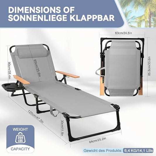 Beach Lounge Chairs with Armrests, 4-Position Folding Lounge Chairs for Outside, Sunbathing Portable Lounge Chaise, Tanning Chair Pillow & Cup Holder, for Outside Beach Pool (Grey)