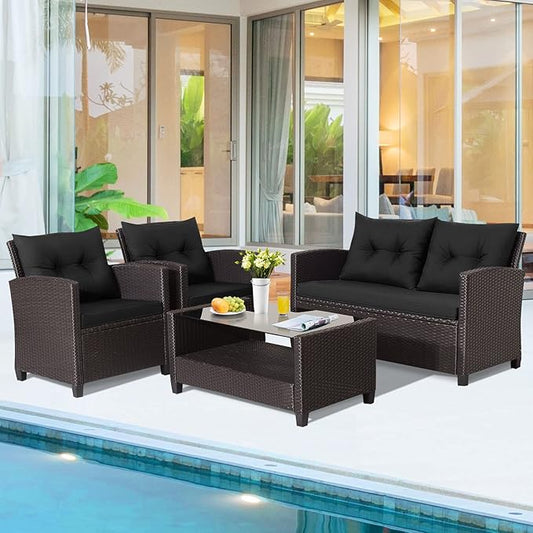 HAPPYGRILL 4 Pieces Patio Furniture Set Outdoor PE Rattan Conversation Set with 2-Tier Coffee Table, Extra Storage Shelf and Cushions, Patio PE Wicker Sofa Set for Garden Backyard Poolside