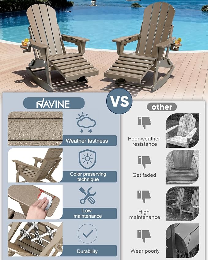 Adirondack Rocking Chairs Set of 2 with Retractable Ottoman, All Weather Folding Adirondack Chair with Two Cup Holders, Adirondack Outdoor Rocking Chairs for Porch, Patio, Balcony. Brown