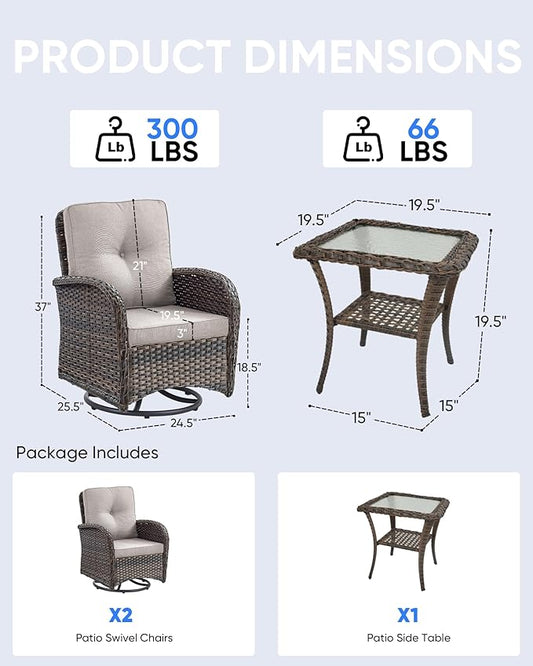 3 Pieces Patio Bistro Set Outdoor Swivel Rocker Patio Chairs with Side Table Patio Furniture for Deck Porch Garden Balcony Poolside