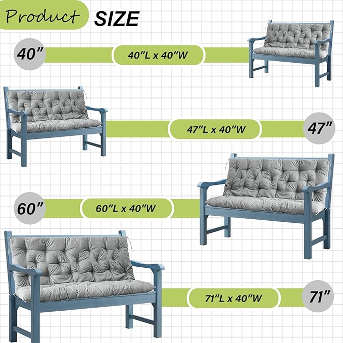 Swing Replacement Cushions with Backrest, 2 or 3 Seater Waterproof Non-Slip Overstuffed Swing Pad, Outdoor Bench Cushion for Porch Chair Swings Garden Furniture (Light Grey, 40 * 71 in)
