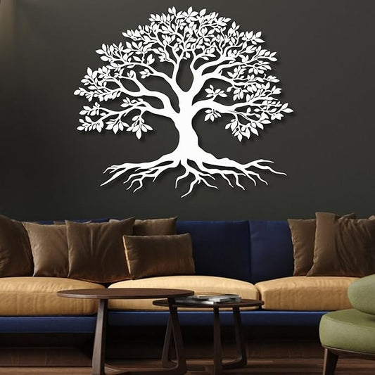 VTHTA Large Tree of Life Metal Wall Art,Tree Wall Sign for Living Room Bedroom Indoor Outdoor Garden Home Decoration (White, 35" Wx31 H/90x78cm, Metal Wall Art)