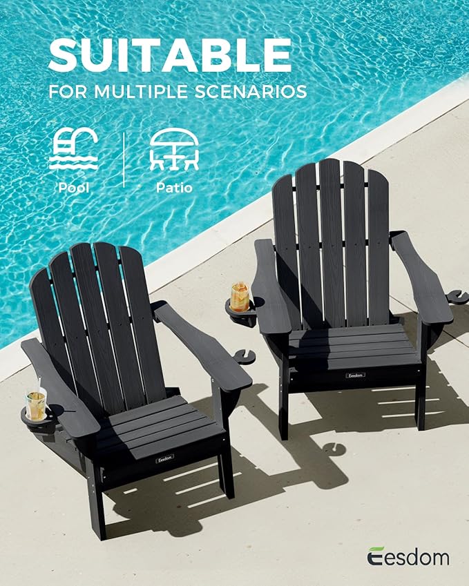 Folding Adirondack Chairs Set of 2, All-Weather HDPE Fire Pit Chair with 2 Cup Holders, Plastic Outdoor Chair for Patio Deck Garden Lawn, Black
