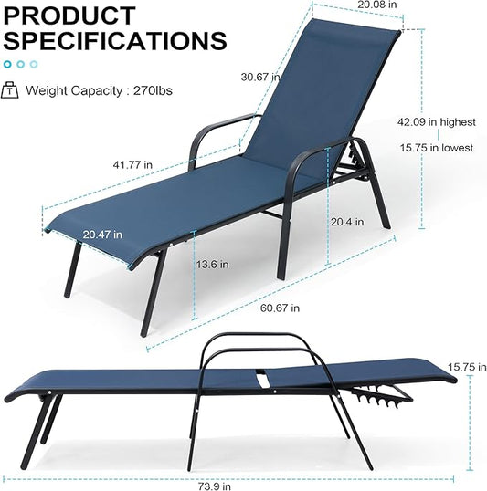 Crestlive Products Chaise Lounge Chair Outdoor with Armrests, Pool Lounge Chairs Set of 2,Adjustable 5 Positions Metal Sun Tanning Lounger for Patio, Poolside, Yard, Deck, Backyard (Navy)