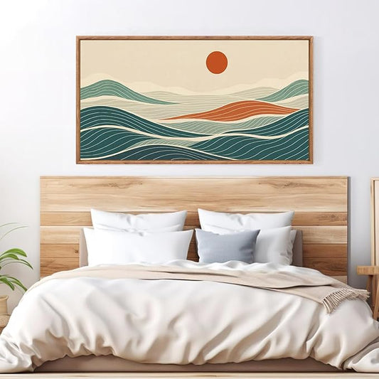 CHDITB Long Coastal Framed Wall Art, Minimalist Coastal Horizontal Wall Decor, Abstract Waves Line Artwork Ocean Sea Painting, Modern Beach Above Bed Art Prints for Nautical Theme Bedroom 40"x20"x1