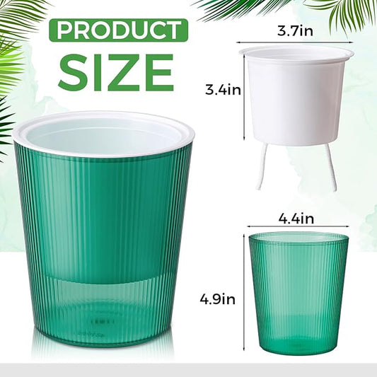 6 Pack Self Watering Pots for Indoor Plants Plastic Vertical Ribbed Semi Transparent Planters, Dual Layer Reservoir for Indoor Succulents Herbs Pothos(Green, White,4.4 x 4.9 Inch)