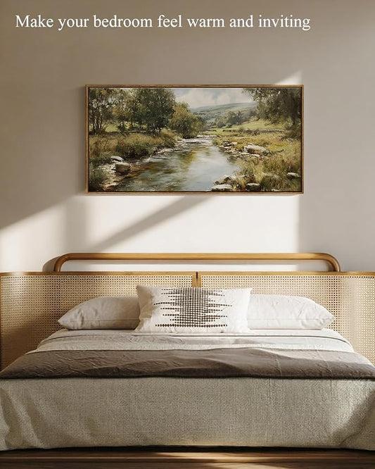 InSimSea Extra Large Framed Vintage Wall Art, Living Room Country Farmhouse Decor, River Rolling Hills Landscape Canvas Prints, Retro Scenery Long Picture for Bedroom Above of Bed, 20x40inch
