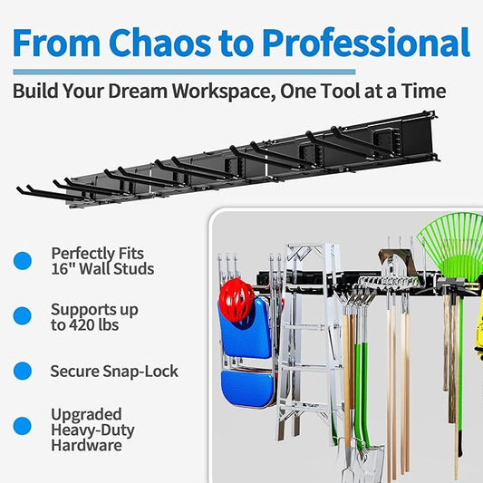 Garage Tool Organizer Wall Mount, 48" Heavy Duty Wall Tool Organizer Rack with 6 Hooks, Garage Storage Tools Hanger for Shovel, Rake, Folding Chair, Garden Tools, Lawn, Yard, Shed