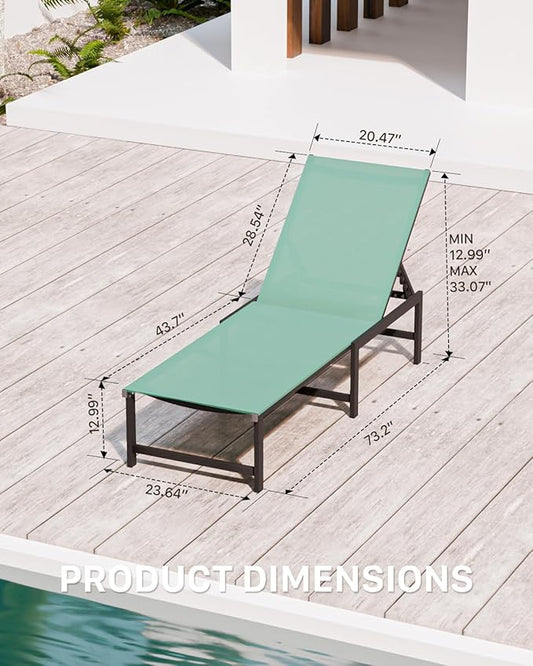 Chaise Lounge Chair Outdoor, Aluminum PatioChairs with 5 Adjustable Backrest and HeadrestPillows for Outside Beach,Green