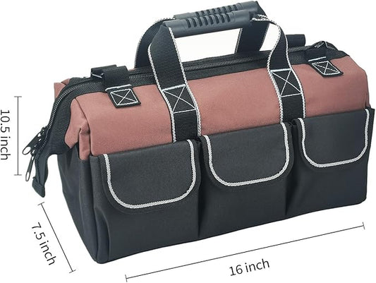 Garden Tools Bag 16 Inch Wide Mouth Tool Bag with Molded Base and Plastic-Padded Inside Pockets for Tool Storage, 600D Polyester Fabric, Brown Color