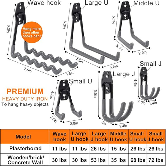 AOBEN 24PCS Garage Hooks, Heavy Duty Double Garage Hanger Organizer Wall Mount Iron Anti-Slip Garage Storage Hooks for Ladder, Power Tool,Bike,Ropes(23 Hooks & 1 hoder Strap-Gray