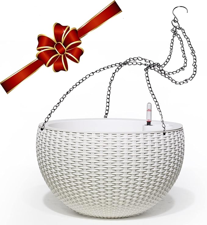 Dexceder 13.5 Inch Large Self Watering Hanging Planters Indoor Outdoor, Thickened Hanging Basket Flower Plant Pot with Water Level Indicator (White)