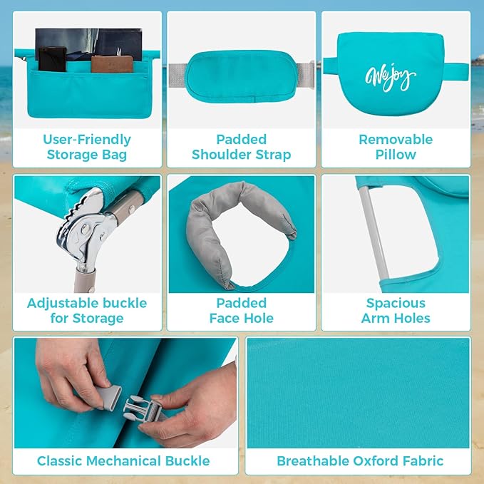 #WEJOY Folding Tanning Chair with Face Hole, 5 Positions Face Down Beach Lounge Chairs with Pillow for Outside Sunbathing Poolside (Cyan)