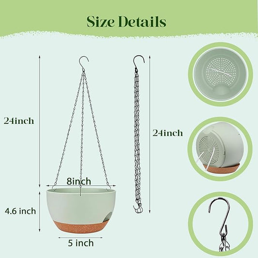 Set of 4-8 Inch Self Watering Hanging Planters for Indoor Outdoor,Hanging Plant Pots with Drainage & Removable Tray, Hanging Pots Holder for Ivy, Pothos, Ferns, Balcony & Patio, Green Brown