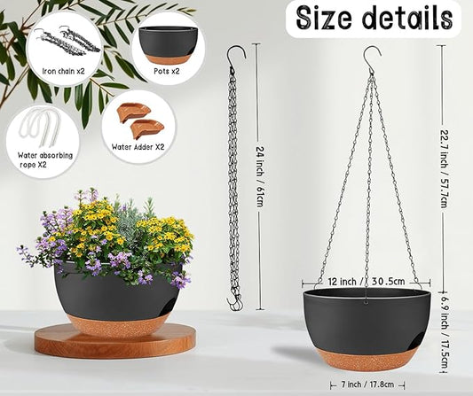 2 Pack 12 Inch Large Hanging Planters with Chains Self Watering Black Brown Plastic Hanging Pots for Indoor Outdoor Plants, Garden Porch Home Decor,Black Brown