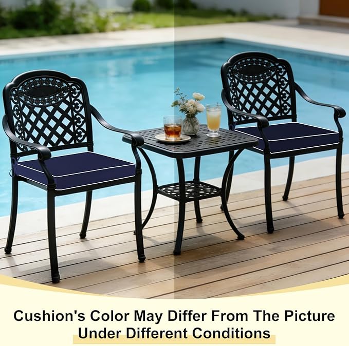 downluxe Waterproof Outdoor Chair Cushions Set of 2, 19" x 19" x 3" Patio Chair Cushion with Non-Slip Ties & Handle, Square Outdoor Cushion for Patio Furniture with Removable Cover, Navy/White