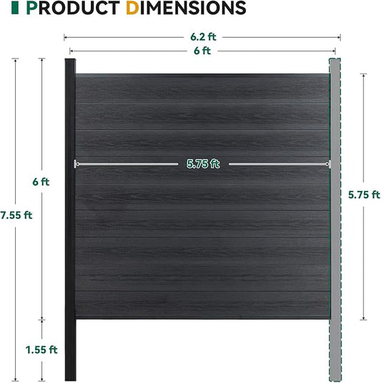 Mondaria Privacy Fence for Outside, 6ftx6ft Outdoor Privacy Panels with In-ground Post, Wind Resistant Wood Plastic Composite Fencing for Patio, Backyard, Garden and Swimming Pool (Black with 1 Post)