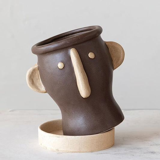 Creative Co-Op Stoneware Face Planter with Saucer, Brown & Cream Color, Holds 4" Pot