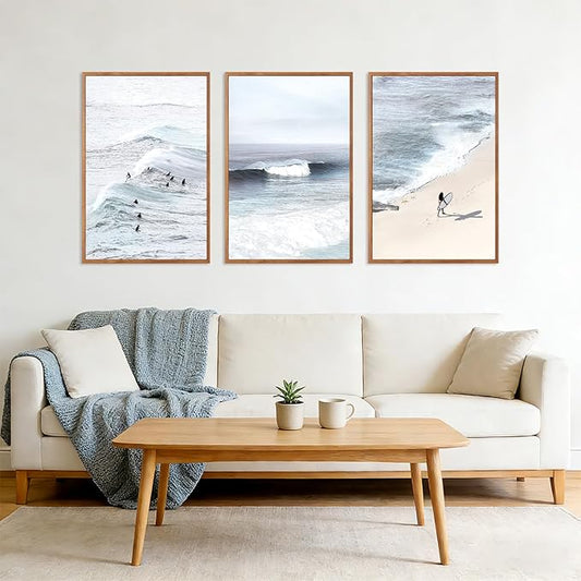 CHDITB Surfing Framed Canvas Wall Art, Seaside Ocean Surf Wall Decor, Modern Beach Surfboard Artwork, Summer Tropical Sea Painting for Beachy Bedroom Dining Room Surfer Room Decoration 24"x36"X3