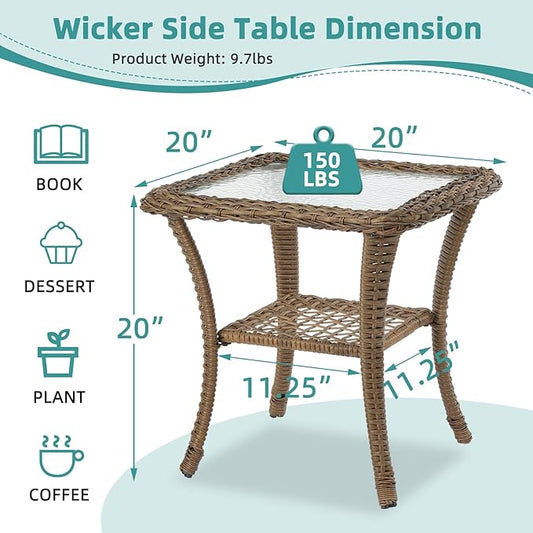 MEETWARM Wicker Outdoor Side Table, All-Weather Patio Rattan Side Table with Tempered Glass Top and Storage Shelf, Small Patio End Table for Outside Indoor Poolside Deck Garden, Brown