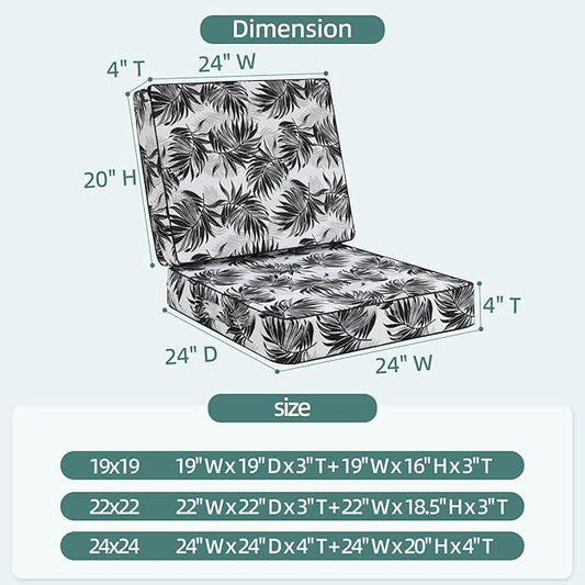 Favoyard Deep Seat Patio Cushion 24 x 24 x 4 in Waterproof Seat & Back Cushion Set with Color Fade Resisitant Pattern, Portable Handle, Attach Straps, Zipper on Removable Cover for Outdoor Furniture