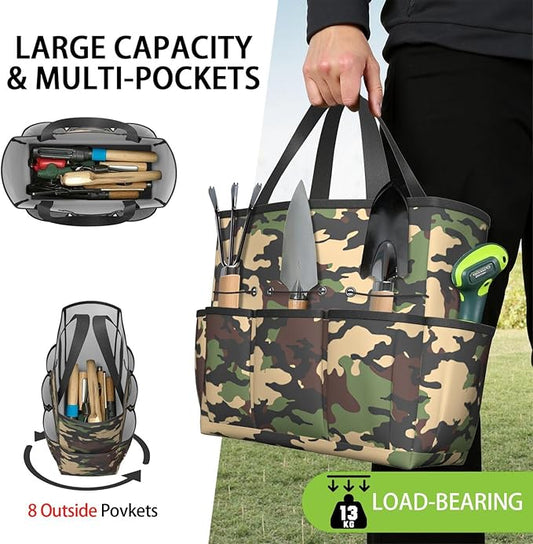 Green Camo Garden Tool Bag - Waterproof Garden Tote with 8 Pockets, Large Storage Home Organizer Gardening Tool Oxford Bag for Garden Tools Kits Holder, Ideal Outdoor Gardening Gift for Women & Men