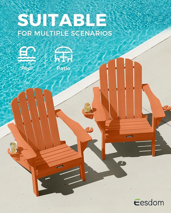 Adirondack Chairs Set of 6, Fire Pit Chairs, Wood Texture Patio Chairs with 2 Cup Holder, Outdoor Lawn Chair, Orange