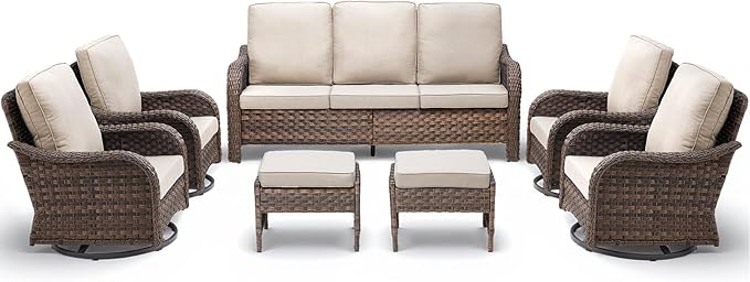 Patio Wicker Chairs Swivel Rocker Outdoor Rocking Chairs Set of 7 Rattan Furniture Set with Thick Cushion, Sofa, Ottomans for Balcony Deck Backyard, Beige