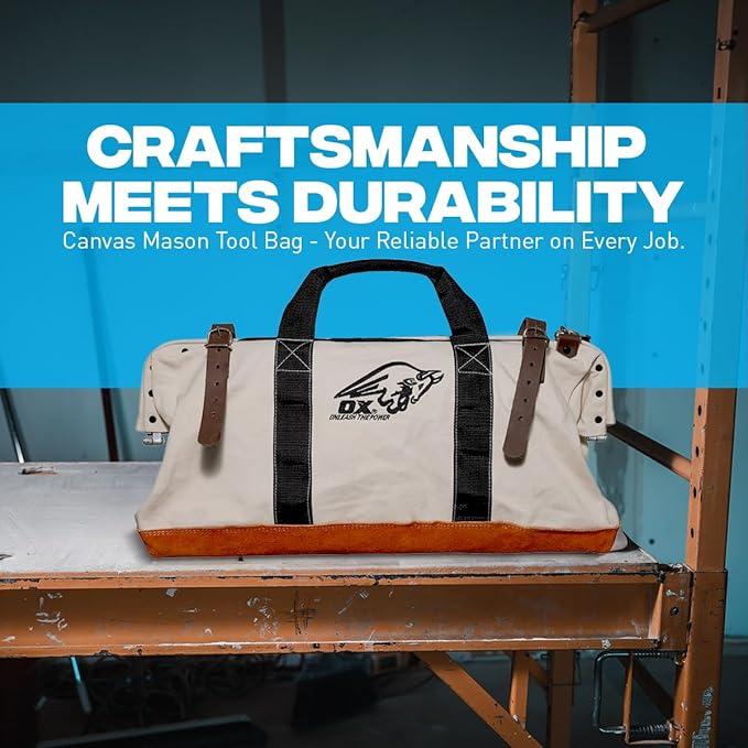 OX Tools Large Canvas Tool Bag 24 Inch Wide with Heavy Duty Masonry Tool Bag Straps and Reinforced Frame with Suede Leather Bottom for Construction Workers OX-P262924